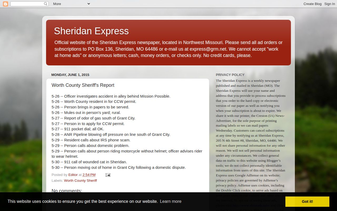 Historical Sheridan Express Worth County sheriff report