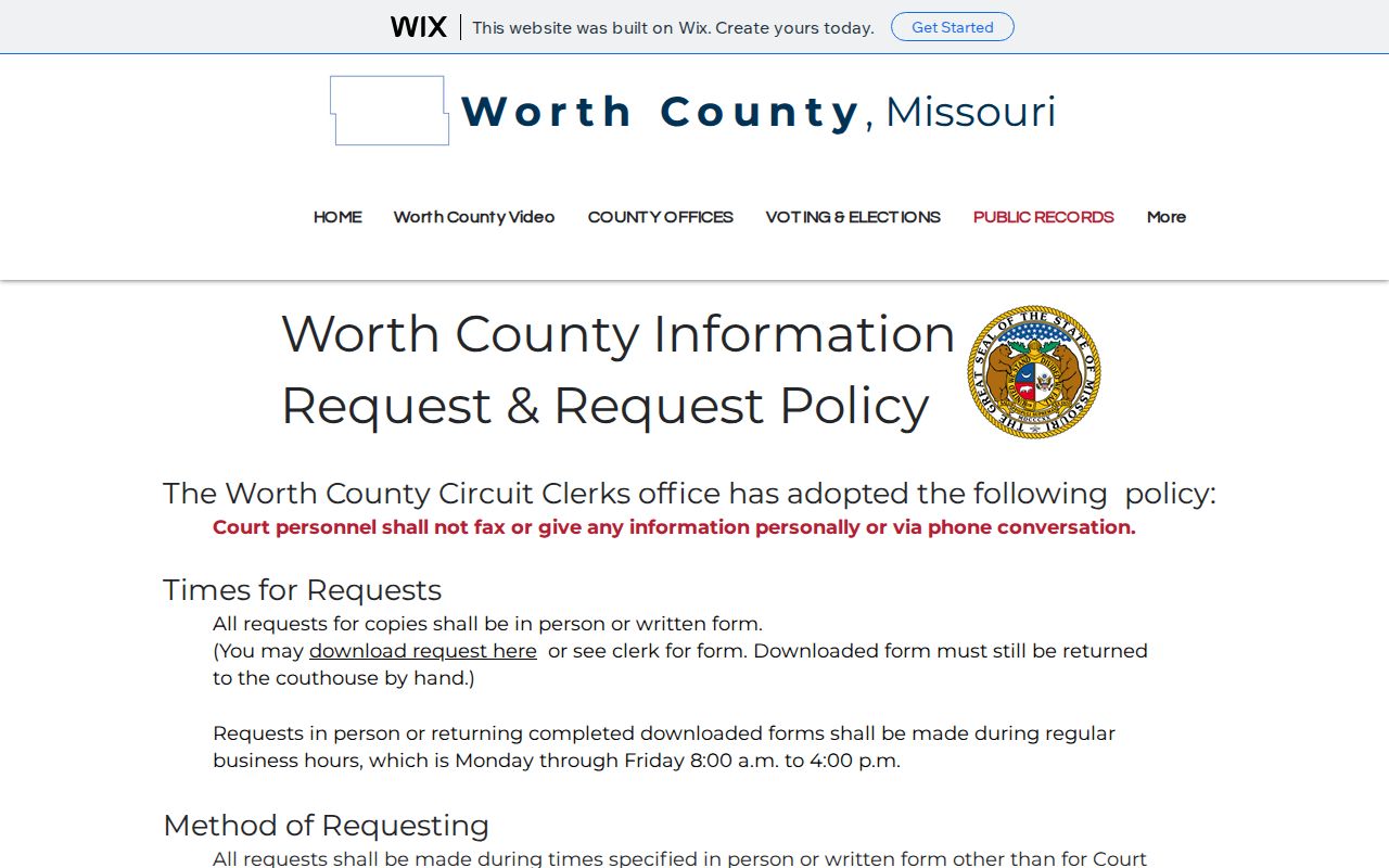 Worth County public records page for arrest and court record requests