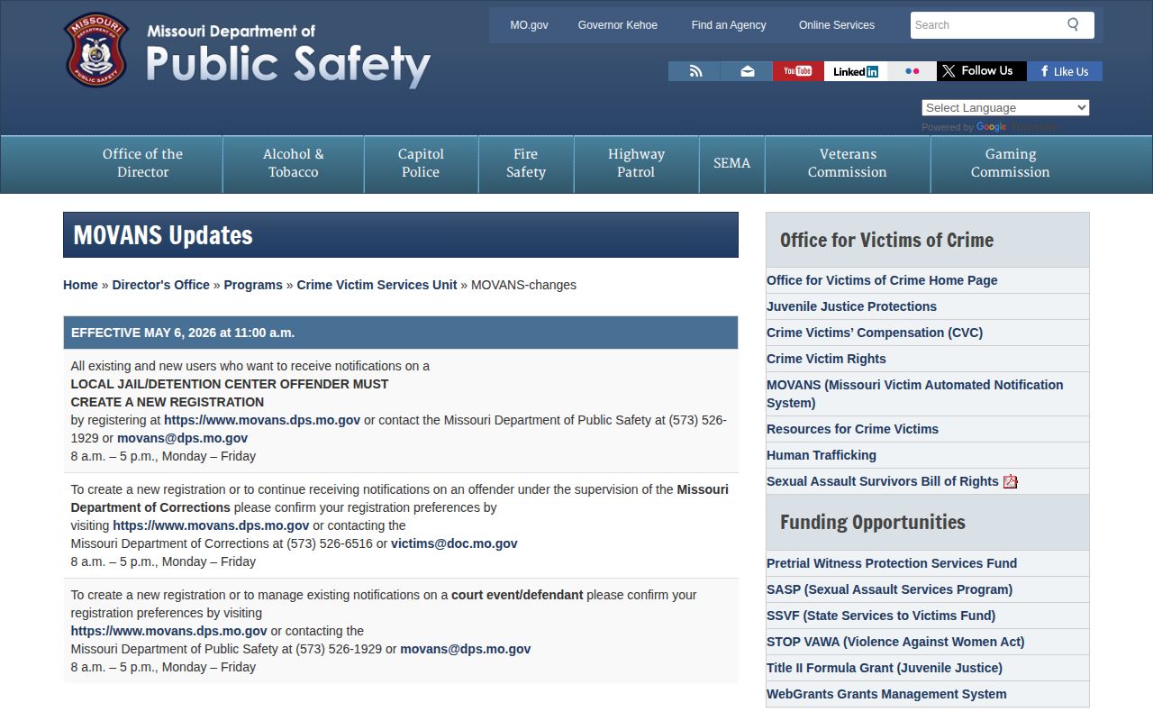 Missouri DPS MOVANS 2026 custody notification changes for Worth County users