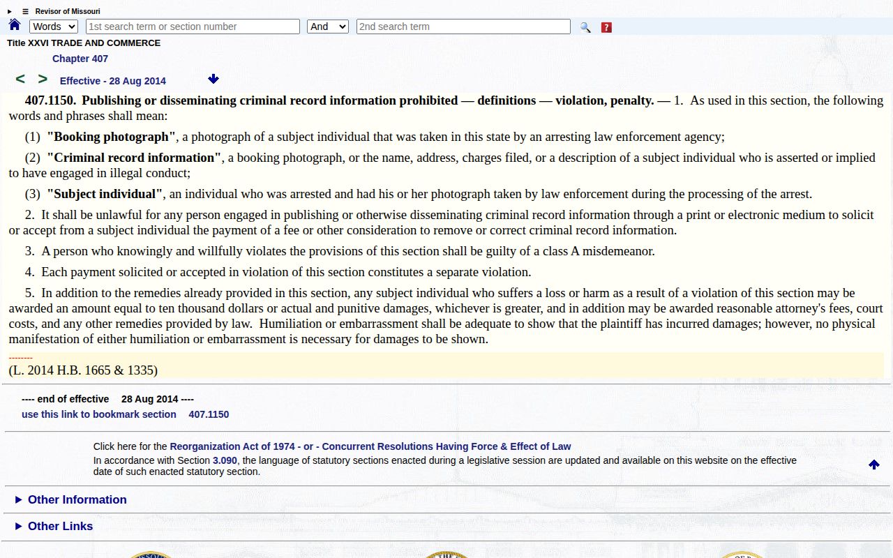 Missouri paid removal law for Worth County booking photographs