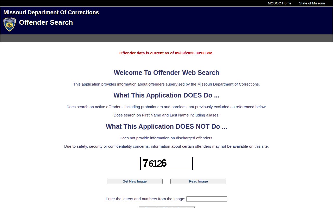 Missouri DOC search for post-arrest state custody from Worth County